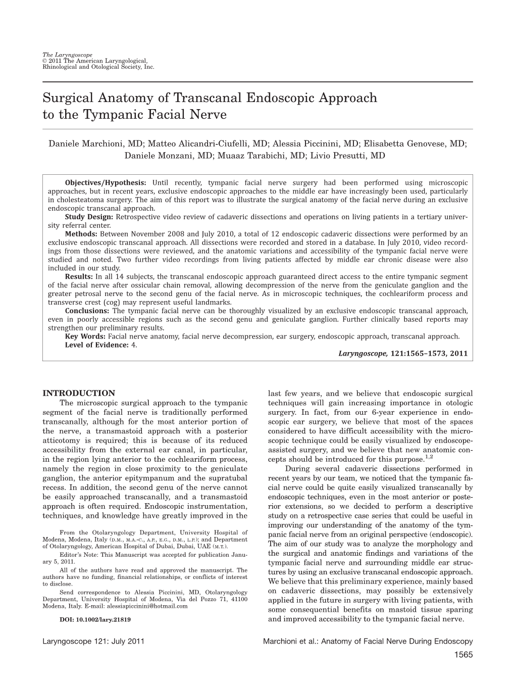 Surgical Anatomy of Transcanal Endoscopic Approach to the Tympanic Facial Nerve