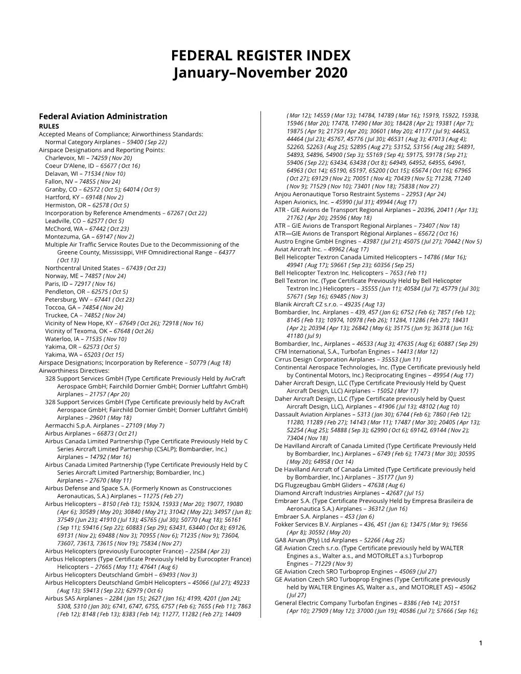 FEDERAL REGISTER INDEX January–November 2020