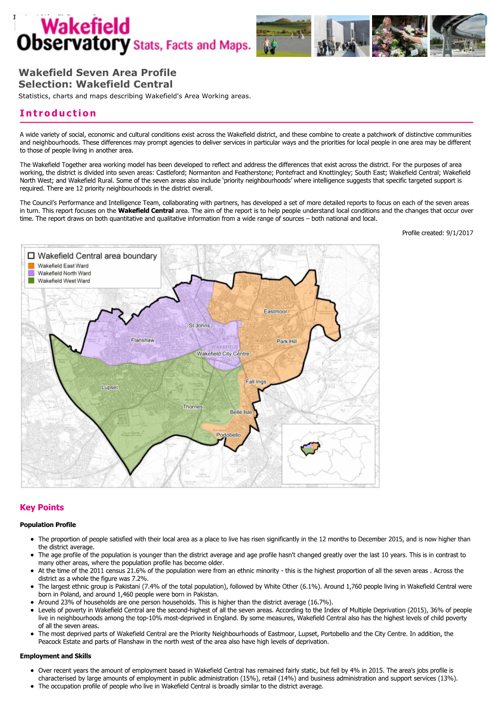 Wakefield Seven Area Profile Selection: Wakefield Central Statistics, Charts and Maps Describing Wakefield's Area Working Areas