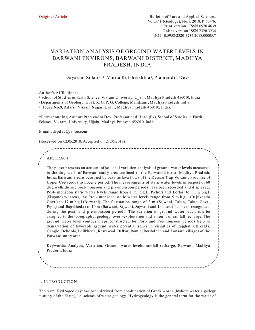 Variation Analysis of Ground Water Levels in Barwani Environs, Barwani District, Madhya Pradesh, India