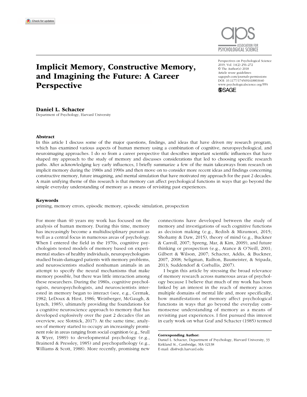 Implicit Memory, Constructive Memory, and Imagining the Future: a Career Perspective