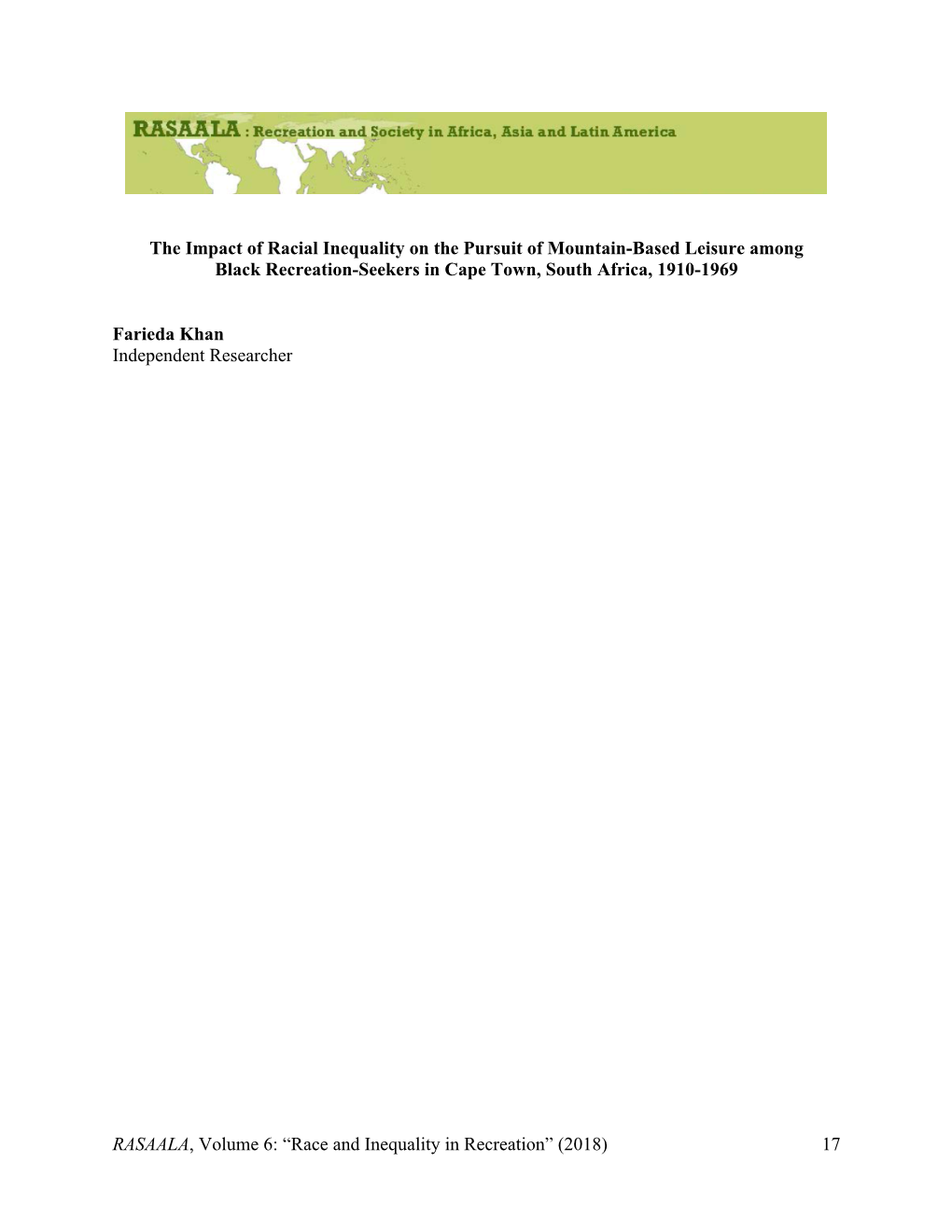 RASAALA, Volume 6: “Race and Inequality in Recreation” (2018) 17