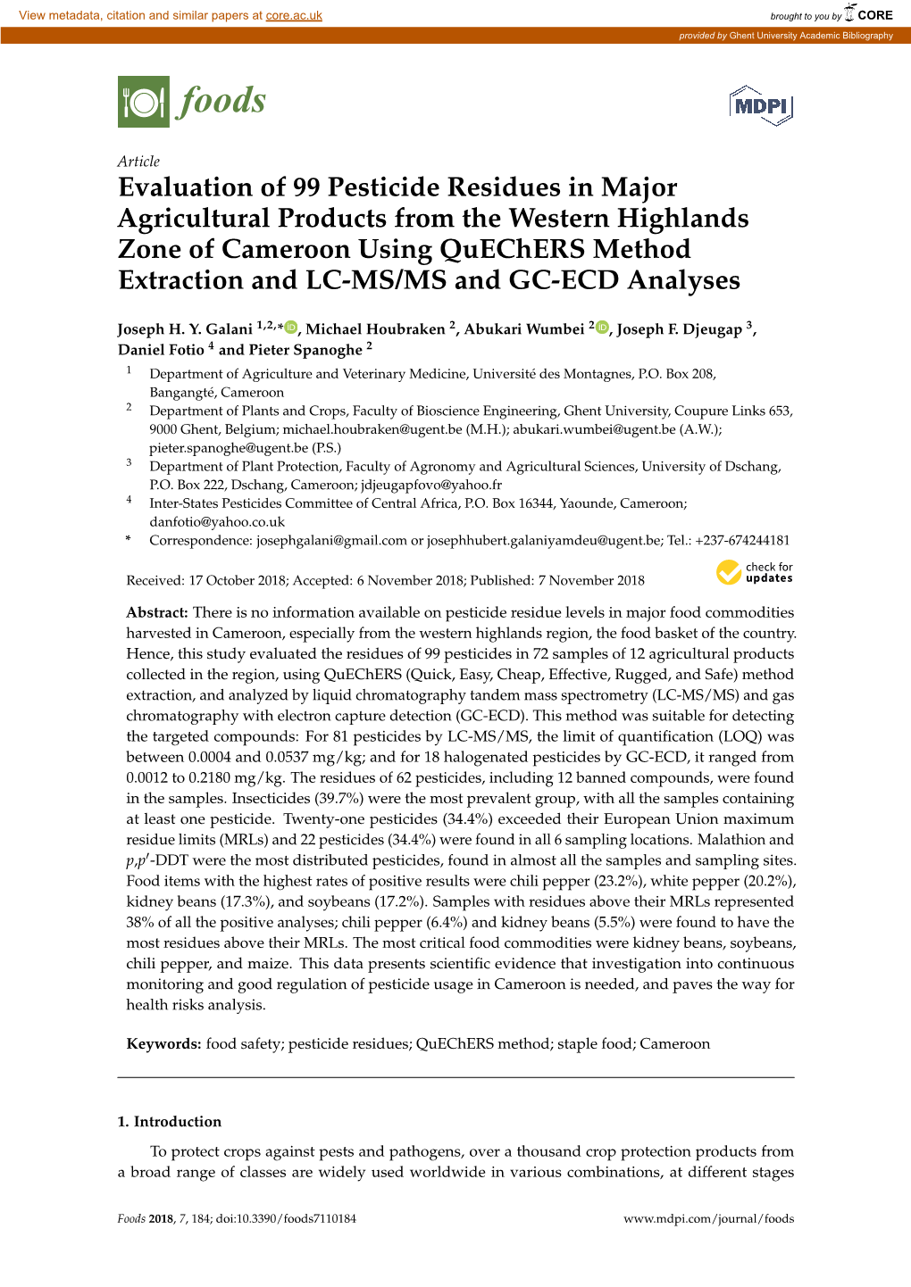 Evaluation of 99 Pesticide Residues in Major Agricultural Products From