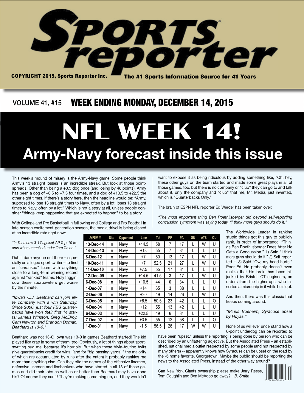 NFL WEEK 14! Army-Navy Forecast Inside This Issue