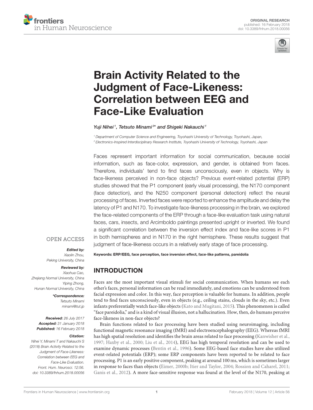 Brain Activity Related to the Judgment of Face-Likeness: Correlation Between EEG and Face-Like Evaluation