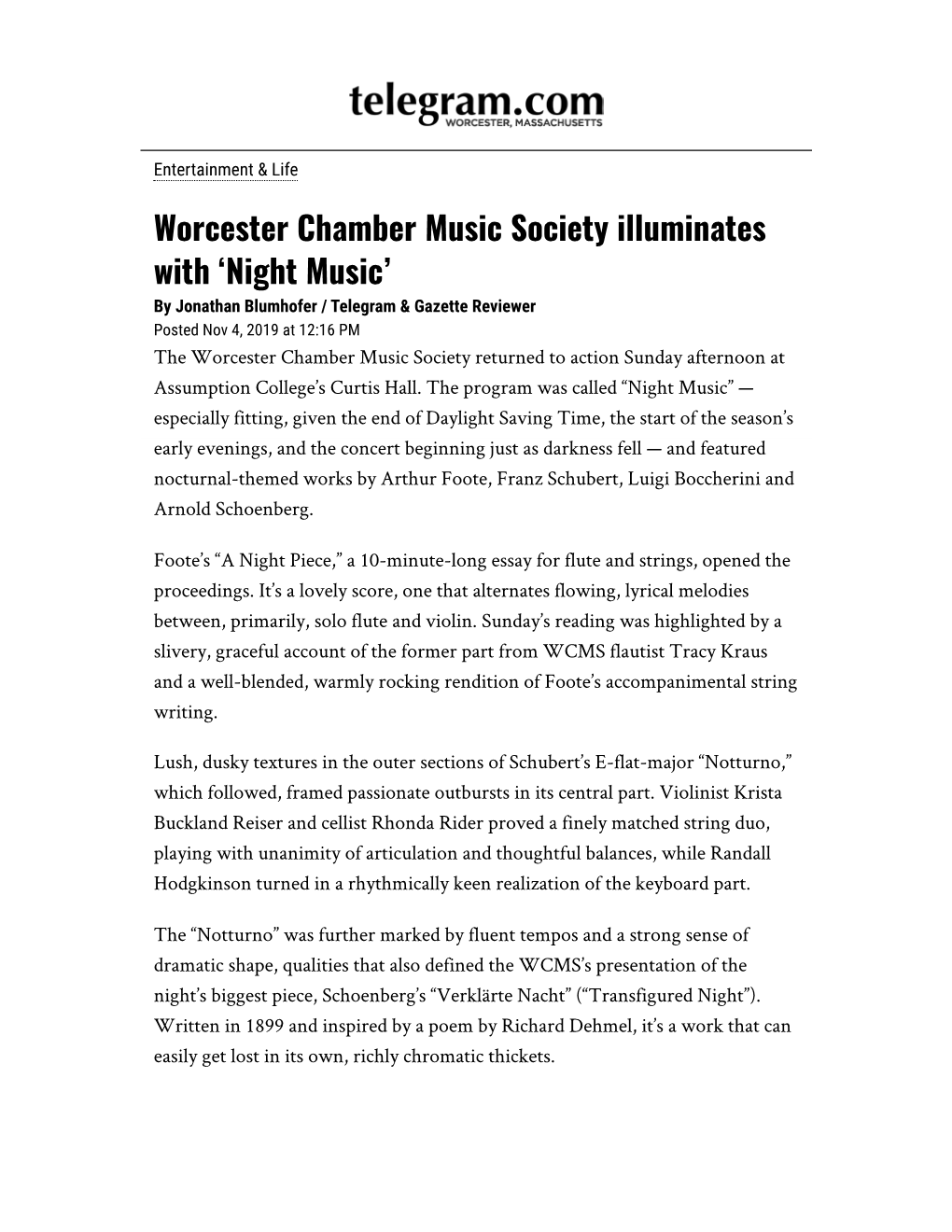 Worcester Chamber Music Society Illuminates with 'Night Music