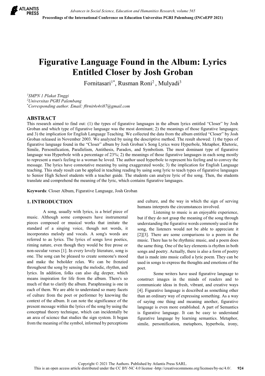 Figurative Language Found in the Album: Lyrics Entitled Closer by Josh Groban Fornitasari1*, Rusman Roni2 , Mulyadi3