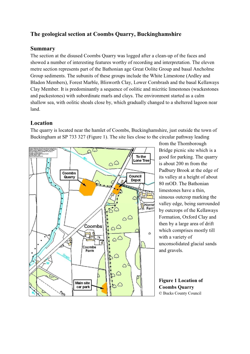 The Geological Section at Coombs Quarry, Buckinghamshire Summary