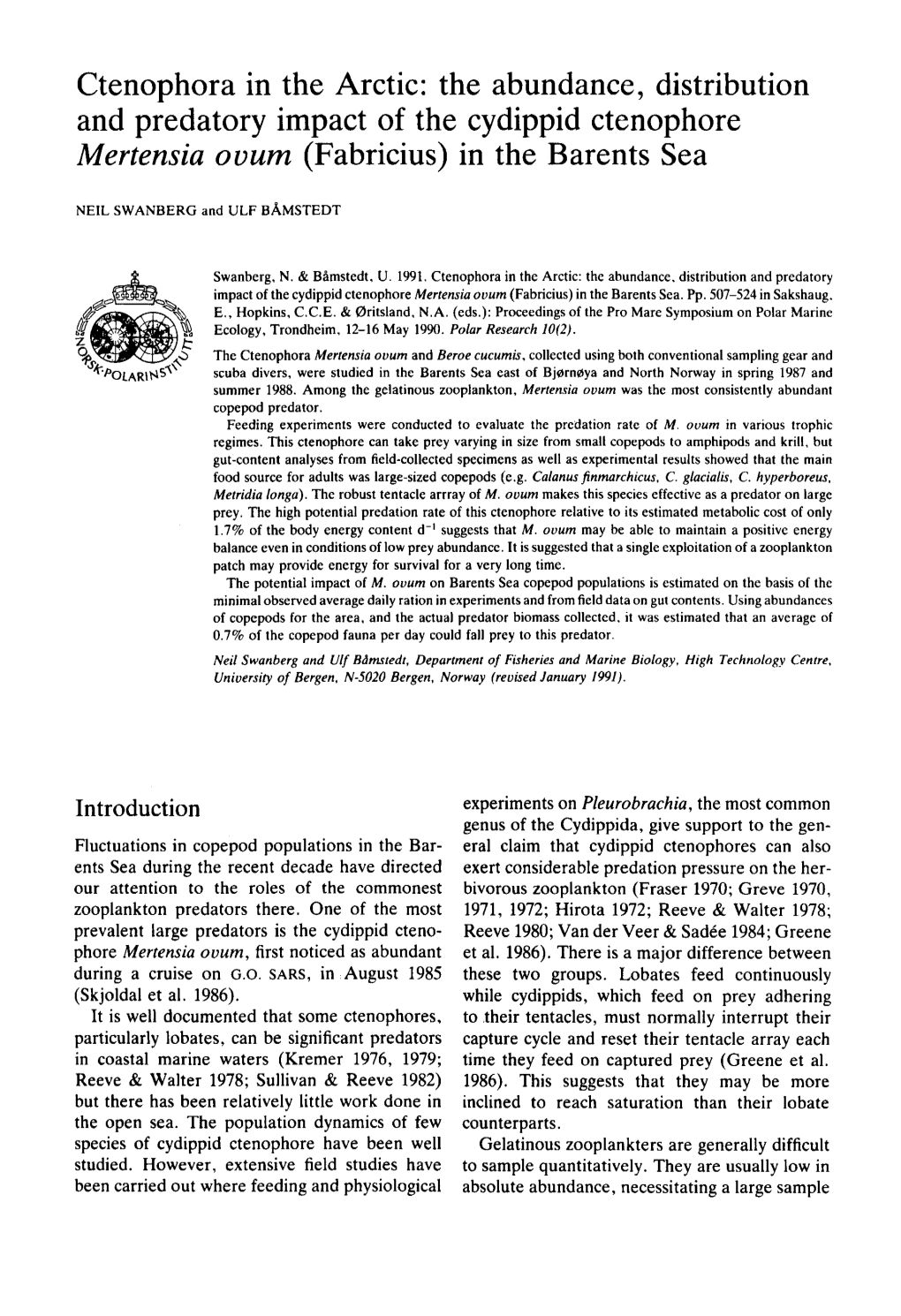 Ctenophora in the Arctic: the Abundance, Distribution and Predatory Impact of the Cydippid Ctenophore Mertensia Ovum (Fabricius) in the Barents Sea