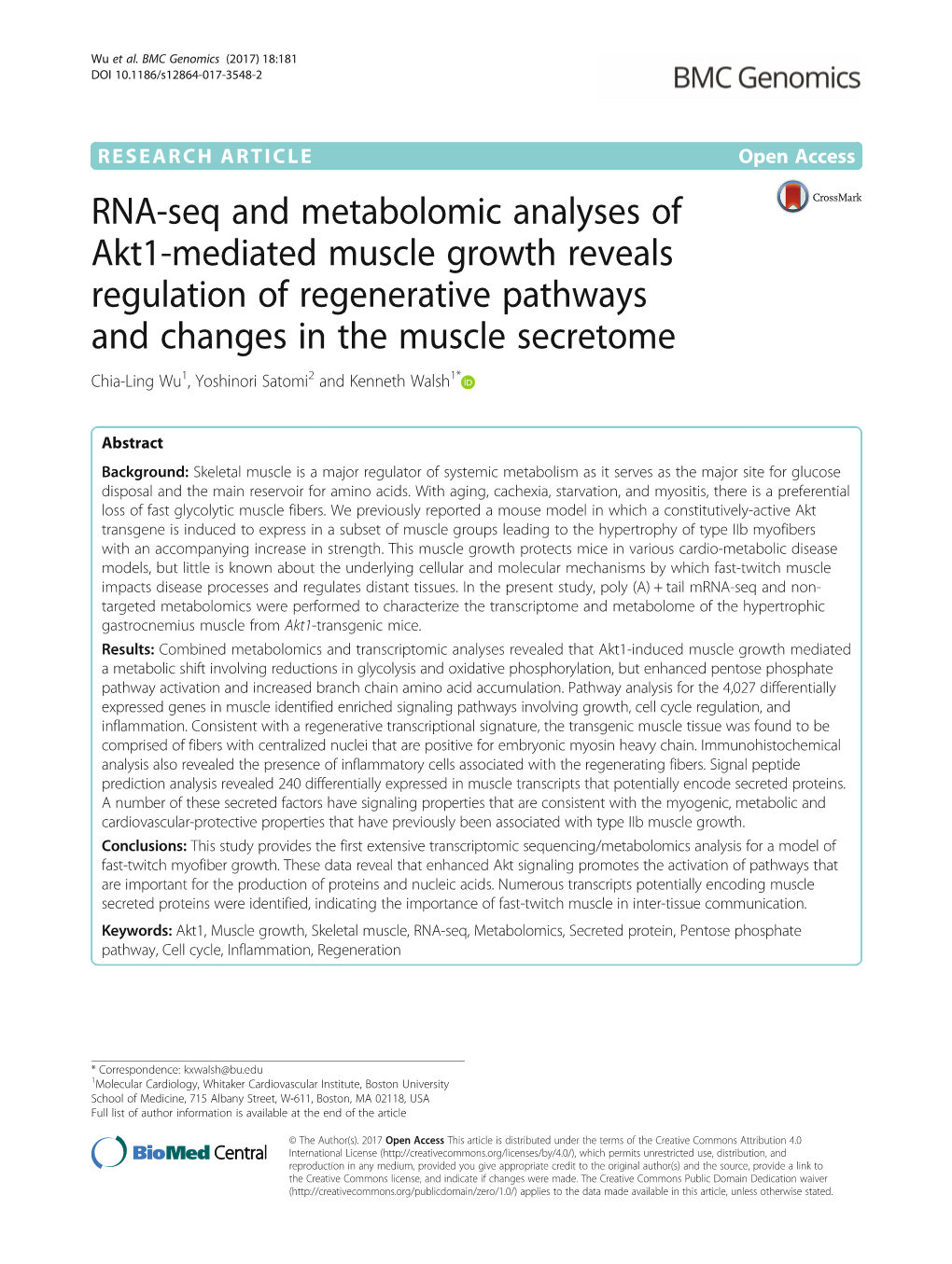 RNA-Seq and Metabolomic Analyses of Akt1-Mediated Muscle Growth