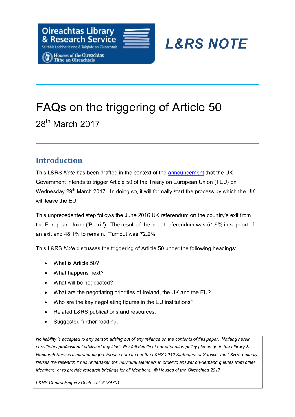 L&RS Note: Faqs on the Triggering of Article 50