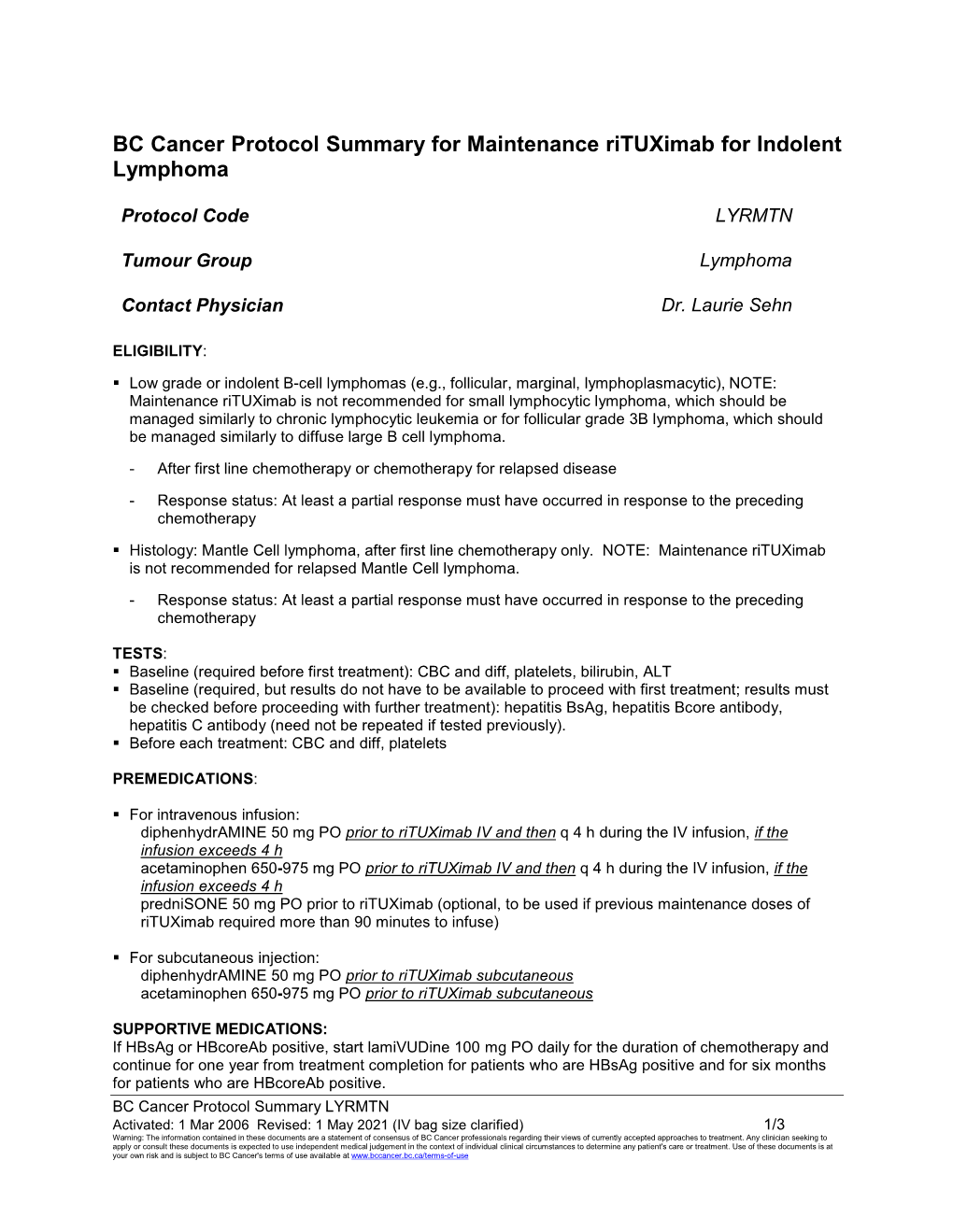 BC Cancer Protocol Summary for Maintenance Rituximab for Indolent Lymphoma