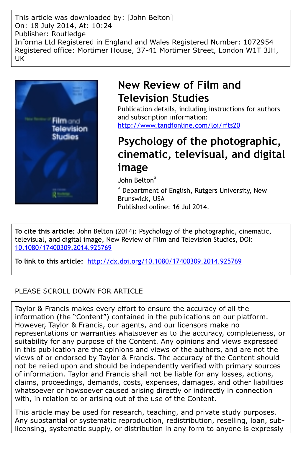 Psychology of the Photographic, Cinematic, Televisual, and Digital