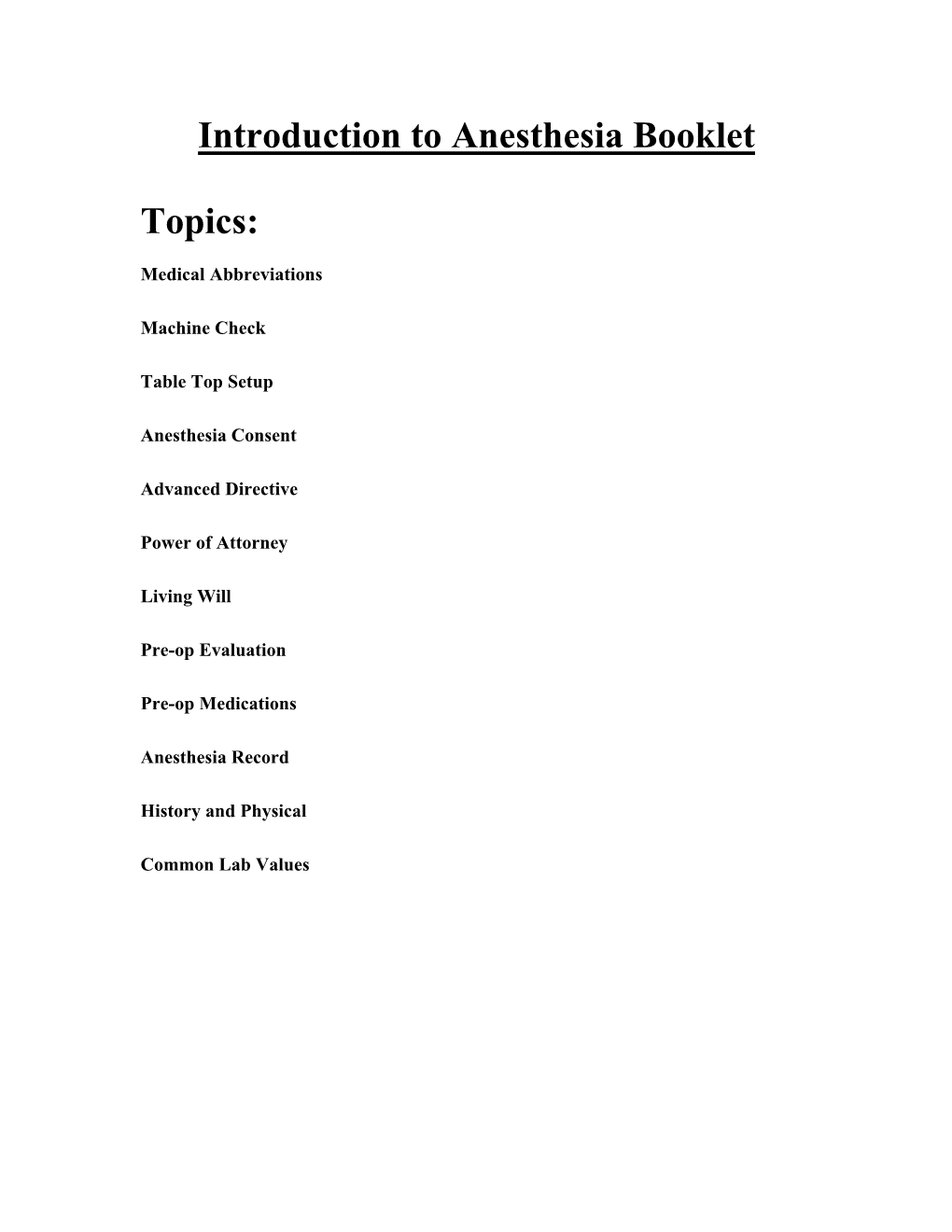 Introduction to Anesthesia Booklet