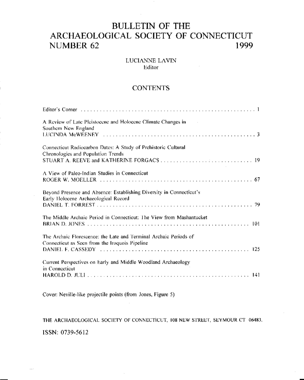 Bulletin of the Archaeological Society of Connecticut Number 62 1999