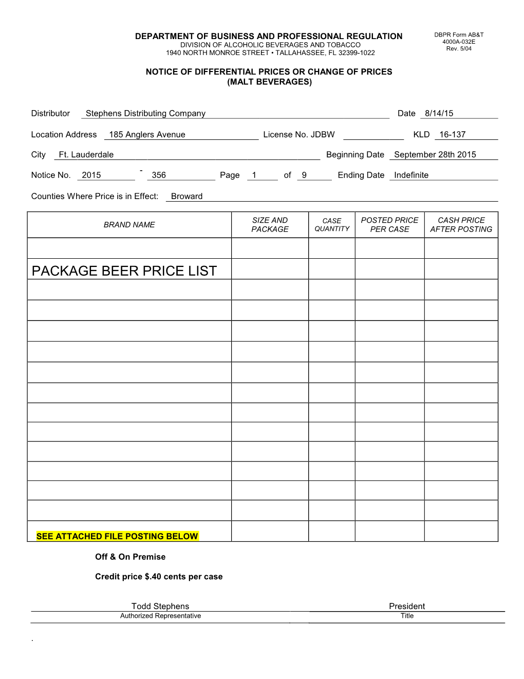 Package Beer Price List