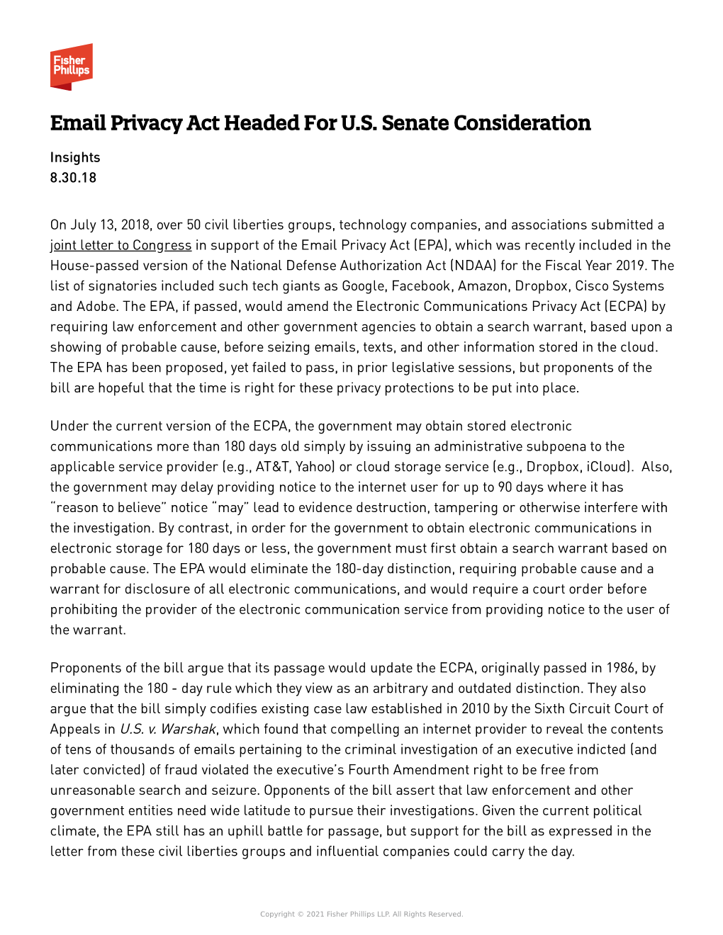 Email Privacy Act Headed for U.S. Senate Consideration Insights 8.30.18