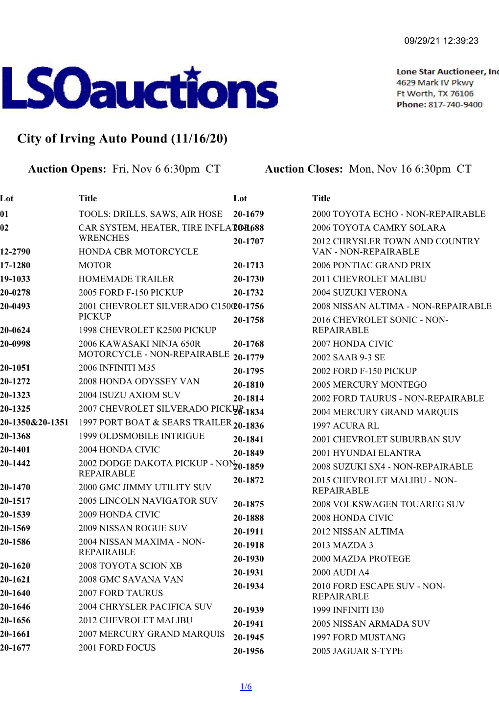City of Irving Auto Pound (11/16/20)