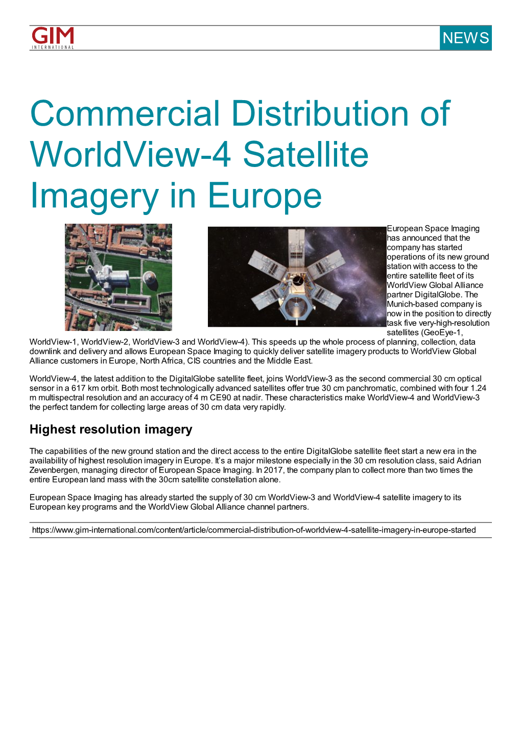 Commercial Distribution of Worldview-4 Satellite Imagery in Europe