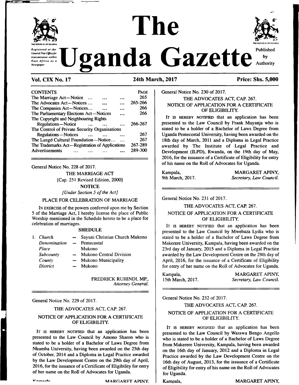 The ^ Uganda Gazettepublished