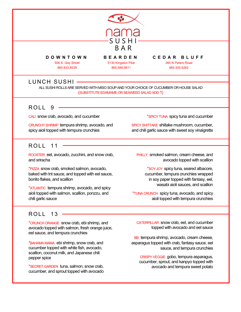 Downtown + Knoxville Limited Lunch Menu