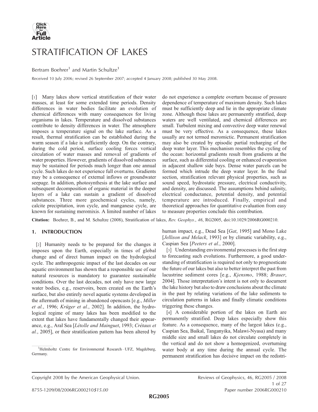 Stratification of Lakes