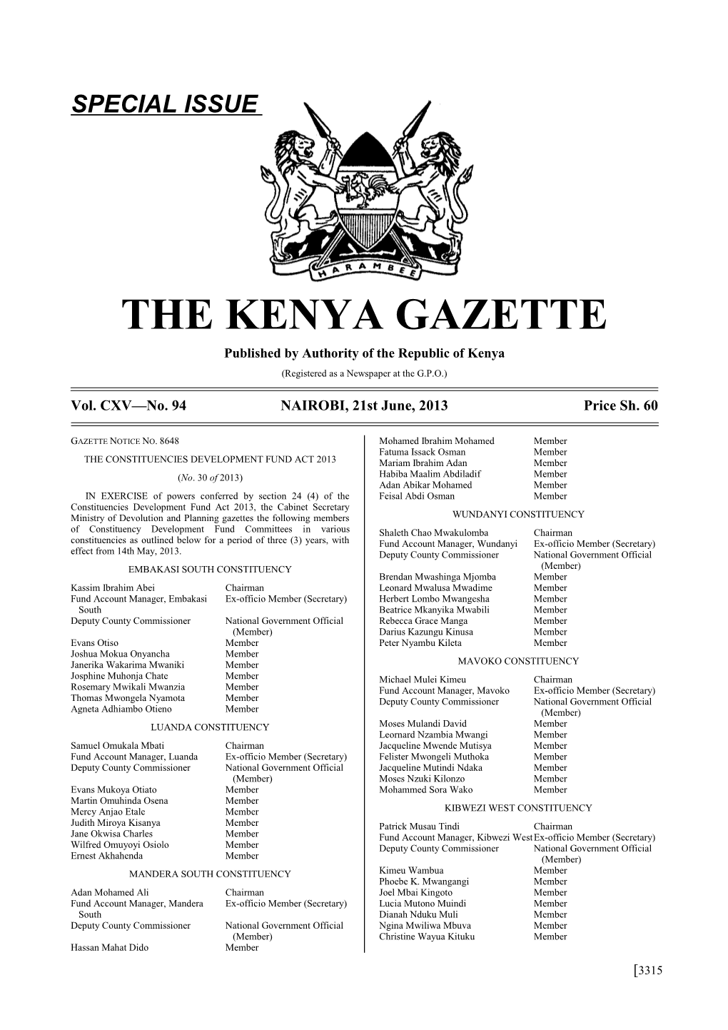 Special Issue the Kenya Gazette