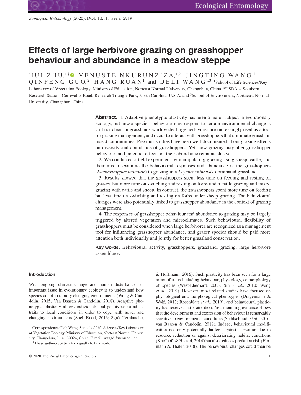 Effects of Large Herbivore Grazing on Grasshopper Behaviour and Abundance in a Meadow Steppe