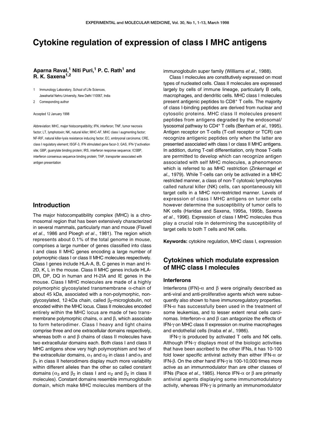 Cytokine Regulation of Expression of Class I MHC Antigens