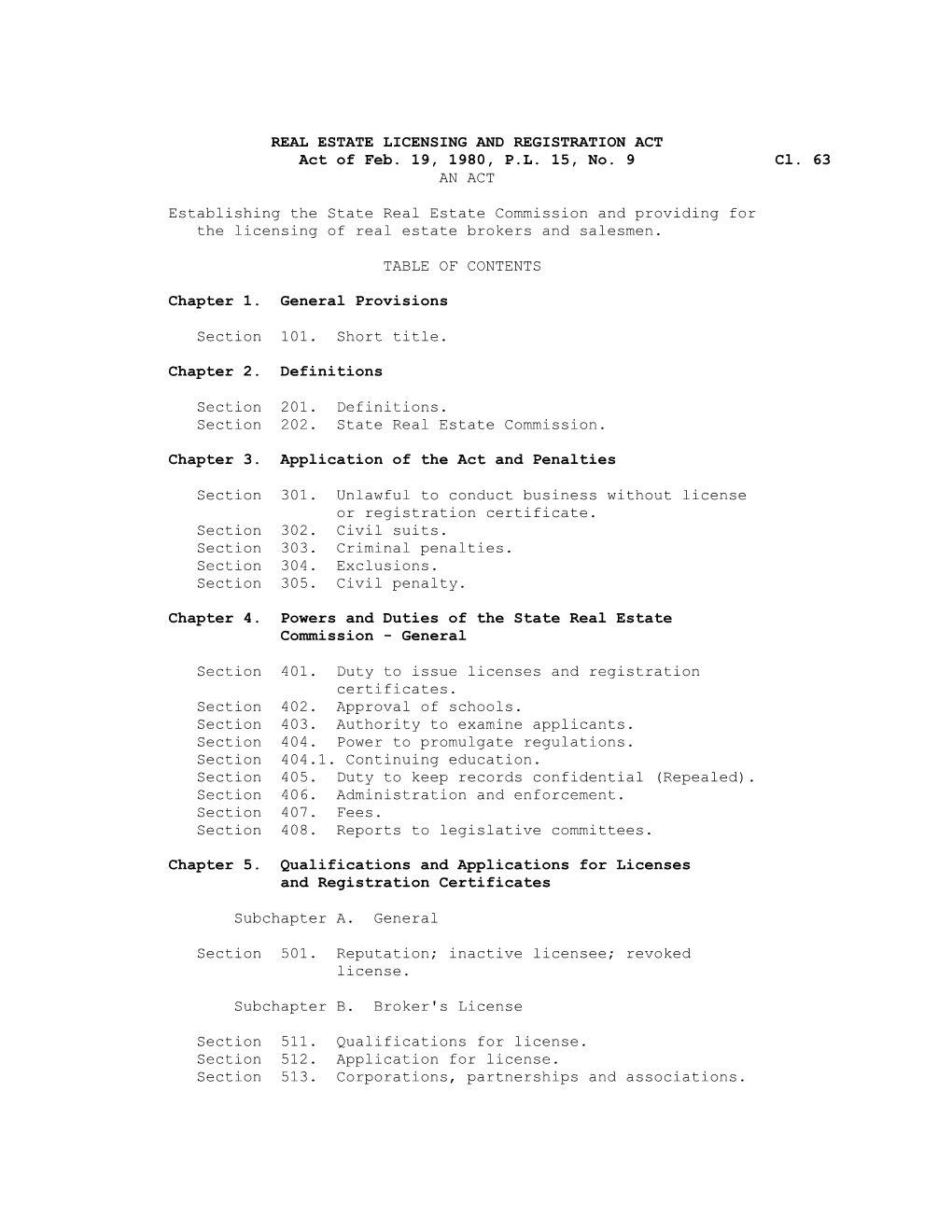 REAL ESTATE LICENSING and REGISTRATION ACT Act of Feb