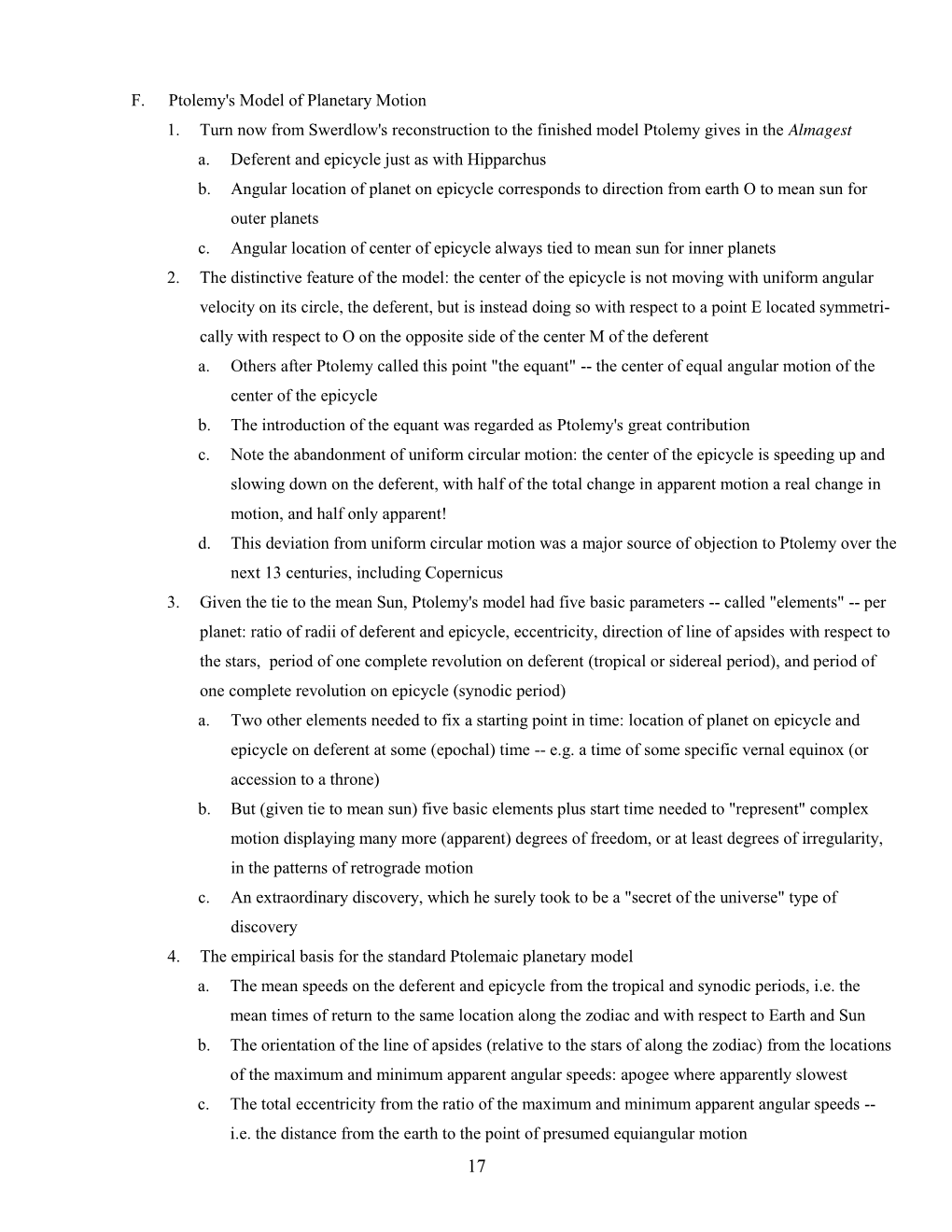 Class 1: Overview of the Course; Ptolemaic Astronomy