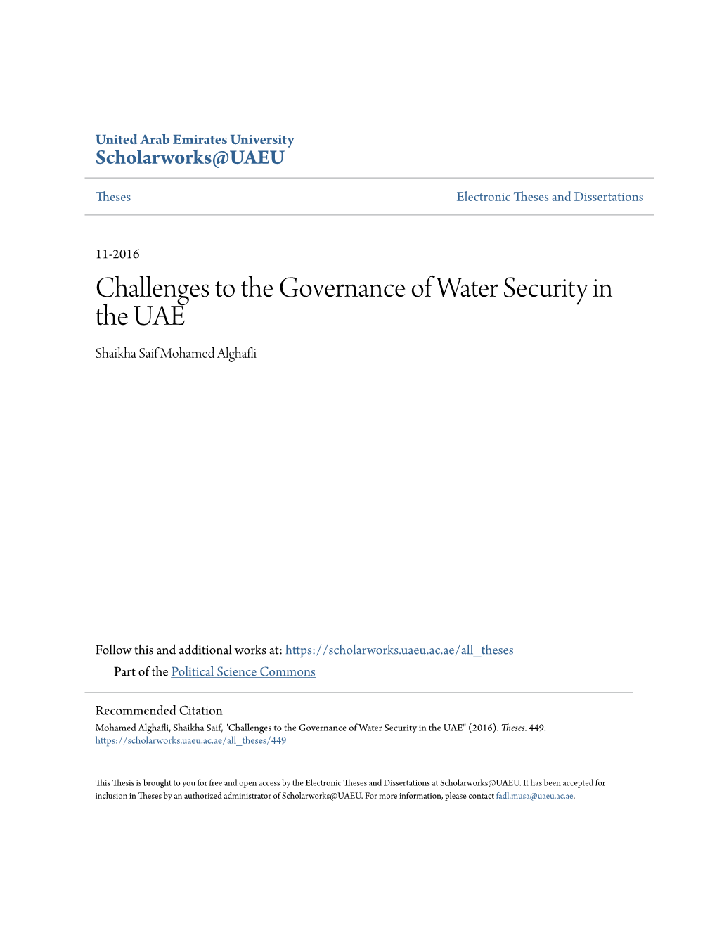 Challenges to the Governance of Water Security in the UAE Shaikha Saif Mohamed Alghafli