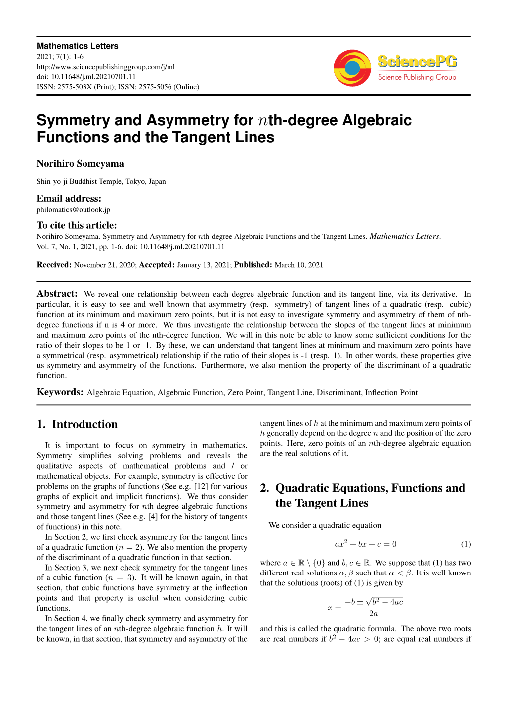 Symmetry and Asymmetry for Nth-Degree Algebraic Functions and the Tangent Lines