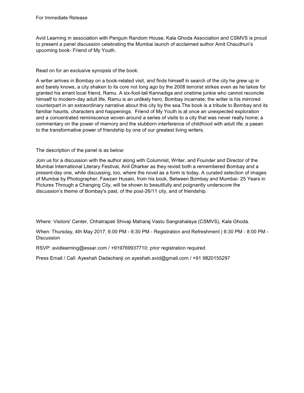 For Immediate Release Avid Learning in Association with Penguin Random House, Kala Ghoda Association and CSMVS Is Proud to Prese