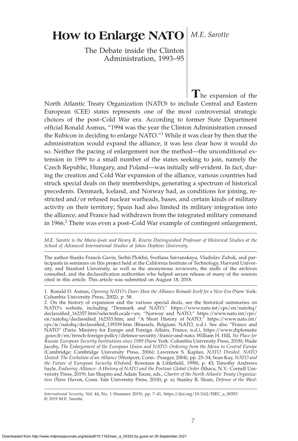 How to Enlarge NATO M.E. Sarotte the Debate Inside the Clinton Administration, 1993–95