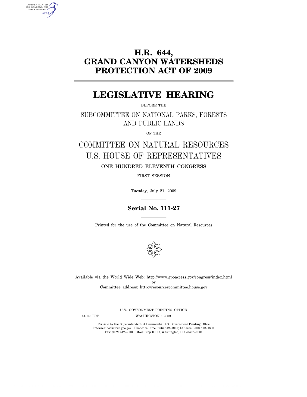 Legislative Hearing Committee on Natural Resources U.S