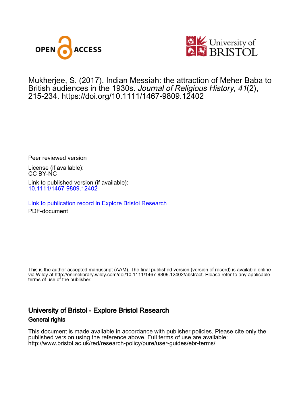 The Attraction of Meher Baba to British Audiences in the 1930S. Journal of Religious History, 41(2), 215-234