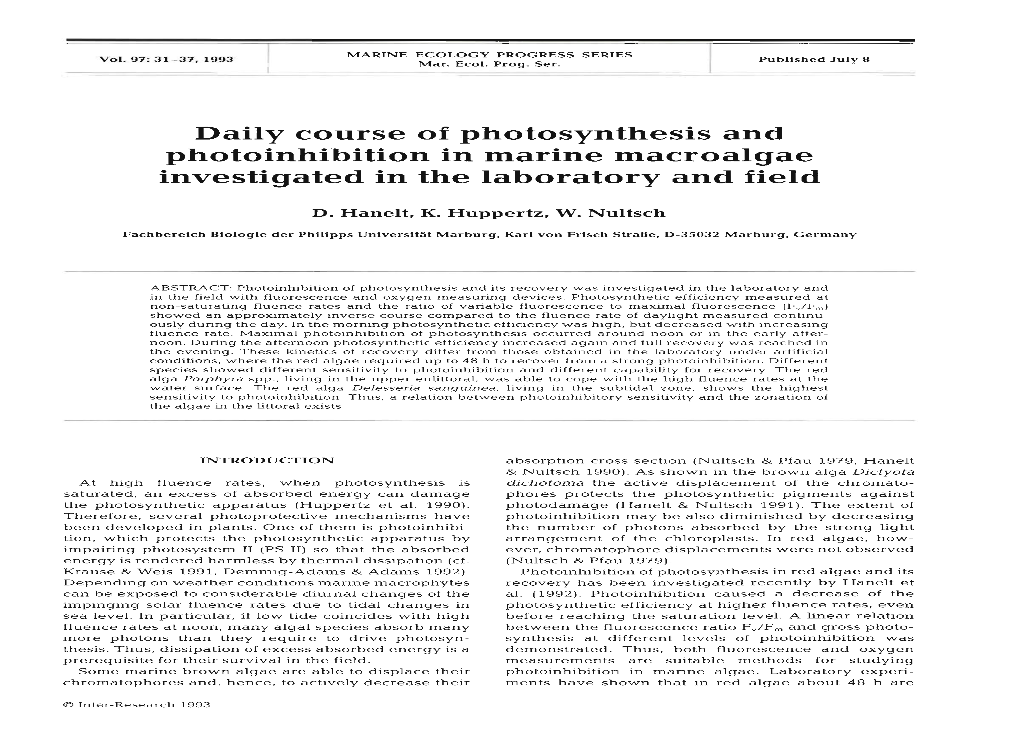 Daily Course of Photosynthesis and Photoinhibition in Marine Macroalgae Investigated in the Laboratory and Field