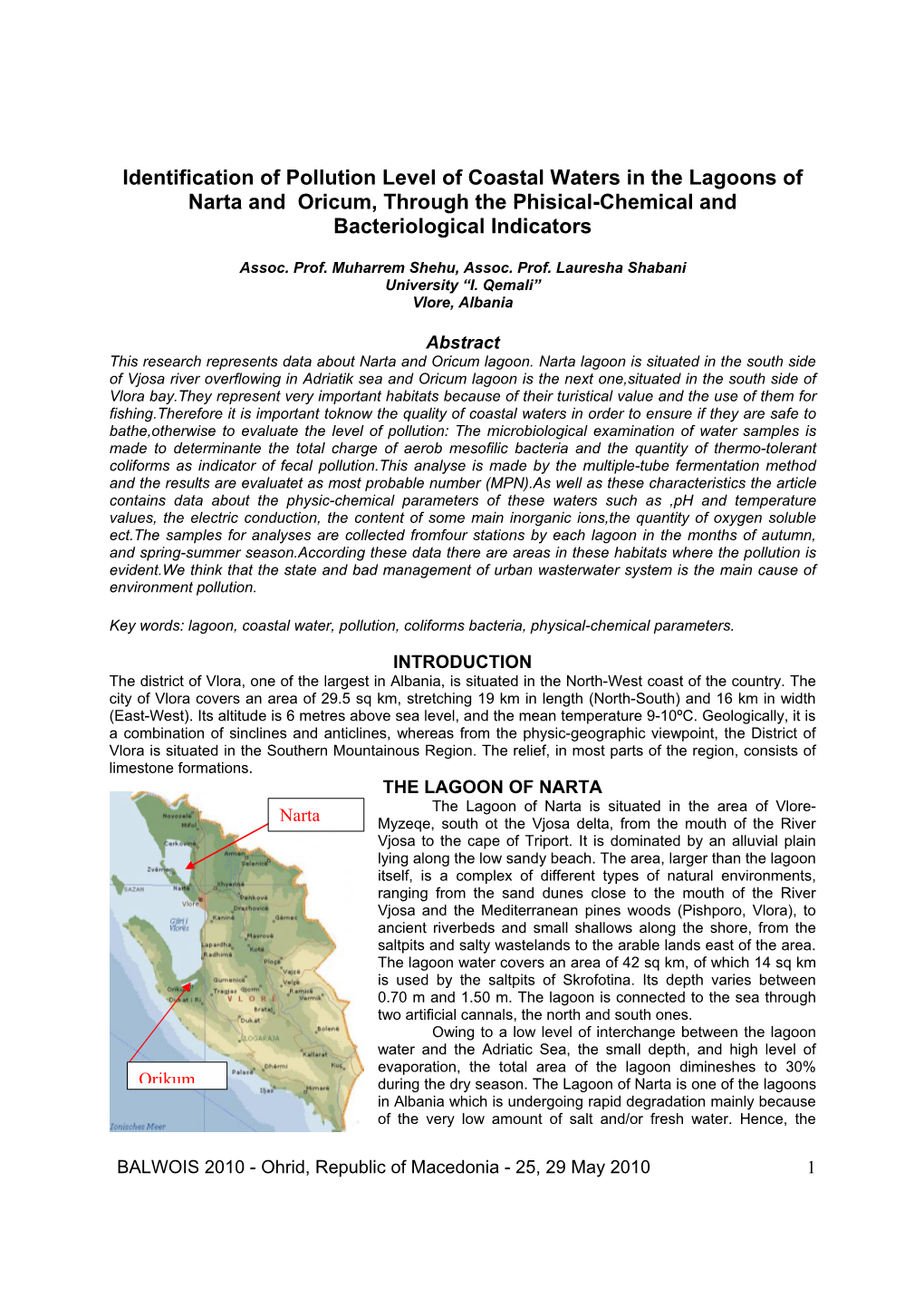 Identification of Pollution Level of Coastal Waters in the Lagoons of Narta and Oricum, Through the Phisical-Chemical and Bacteriological Indicators
