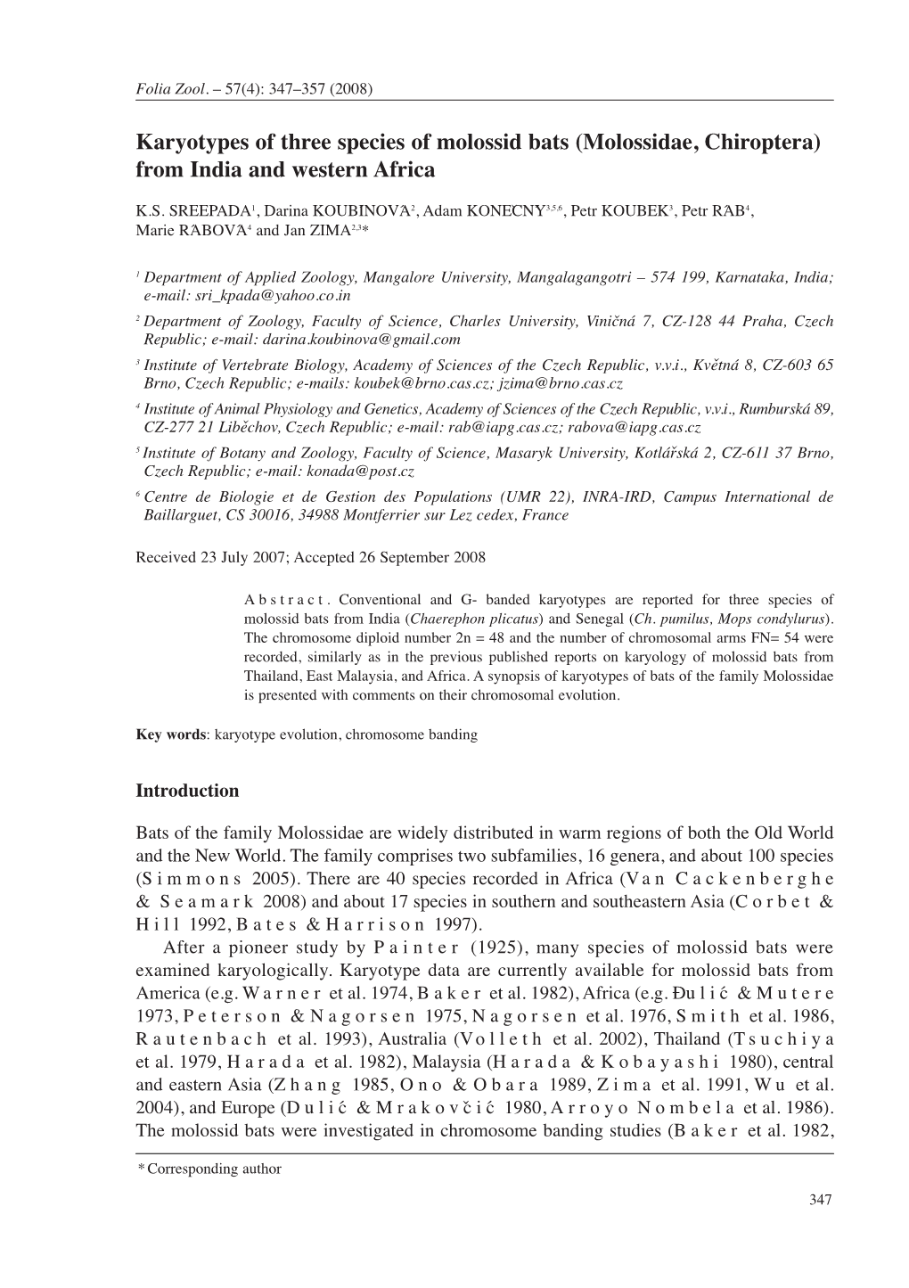 Karyotypes of Three Species of Molossid Bats (Molossidae, Chiroptera) from India and Western Africa