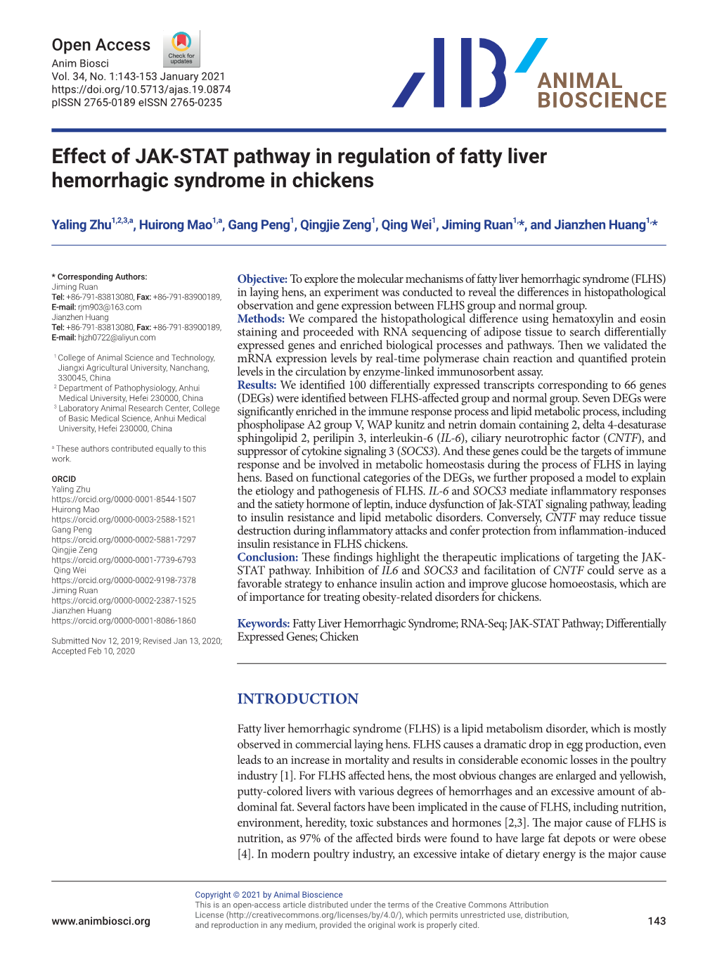 Effect of JAK-STAT Pathway in Regulation of Fatty Liver Hemorrhagic Syndrome in Chickens