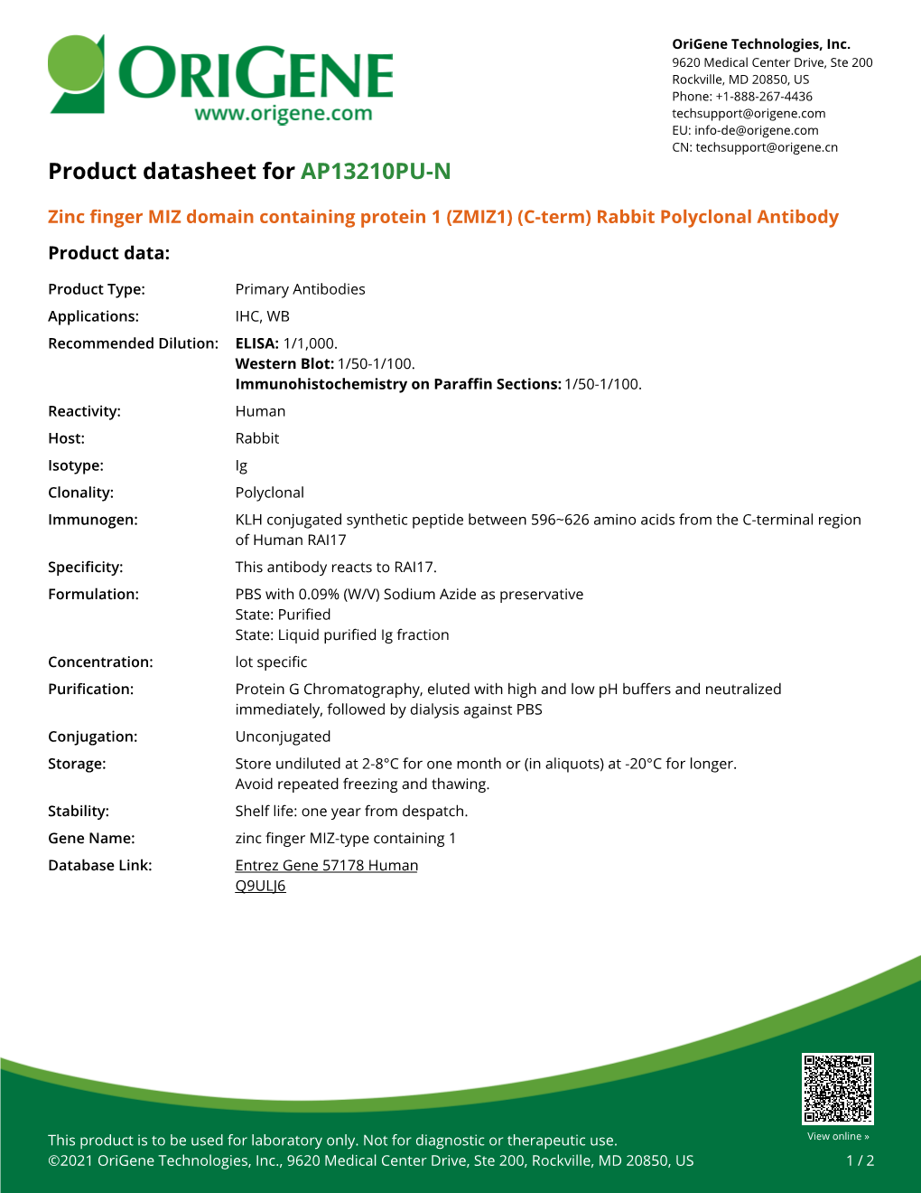 Zinc Finger MIZ Domain Containing Protein 1 (ZMIZ1) (C-Term) Rabbit Polyclonal Antibody Product Data