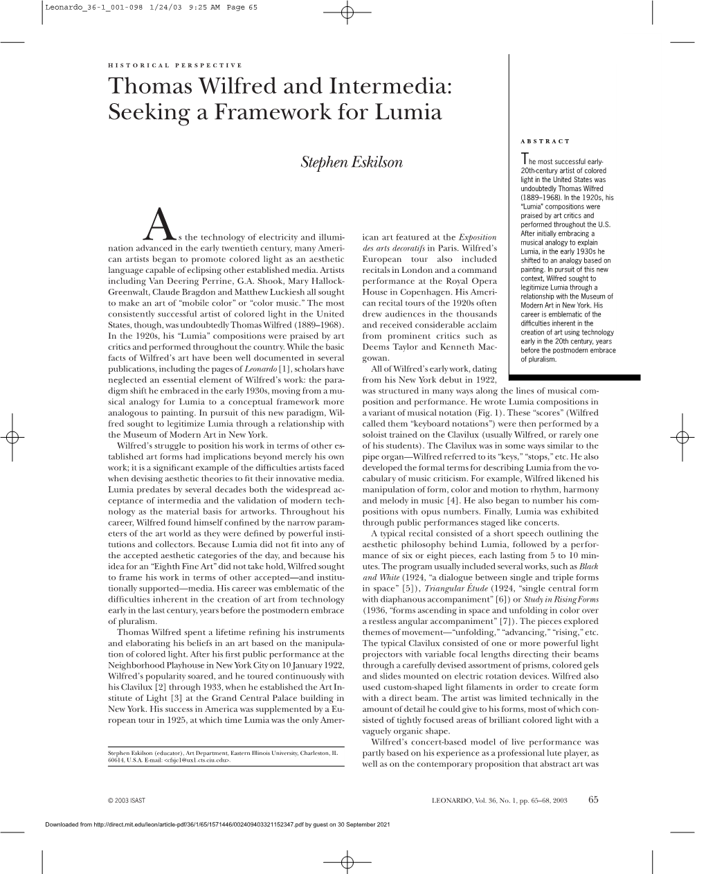Thomas Wilfred and Intermedia: Seeking a Framework for Lumia