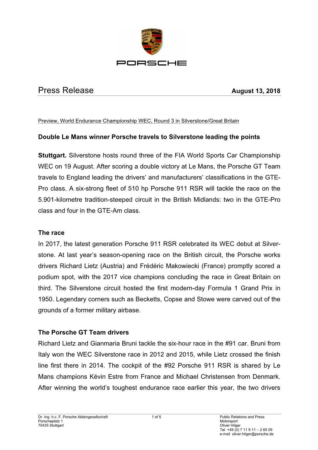 Press Release August 13, 2018