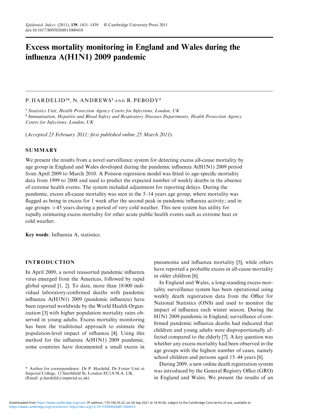 Excess Mortality Monitoring in England and Wales During the Inﬂuenza A(H1N1) 2009 Pandemic