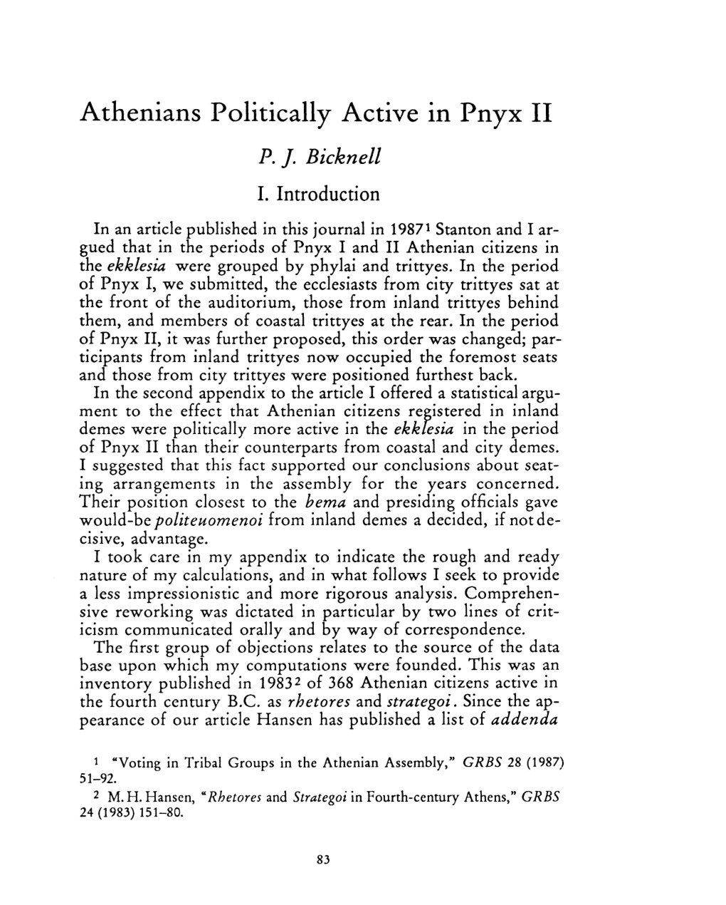 Athenians Politically Active in Pnyx II , Greek, Roman and Byzantine Studies, 30:1 (1989) P.83