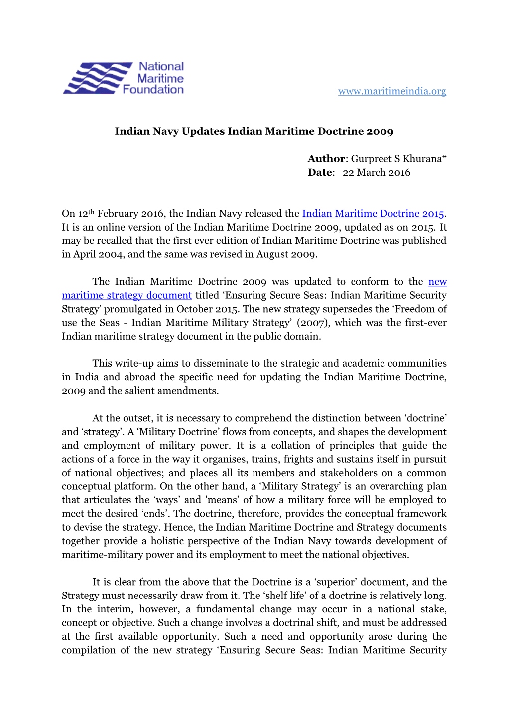 Indian Navy Updates Indian Maritime Doctrine 2009