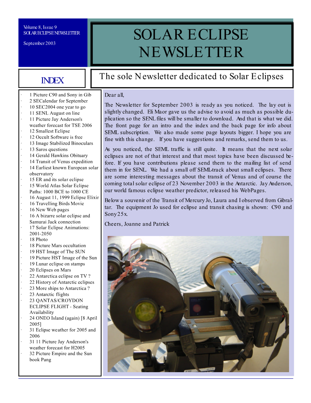 SOLAR ECLIPSE NEWSLETTER SOLAR ECLIPSE September 2003 NEWSLETTER