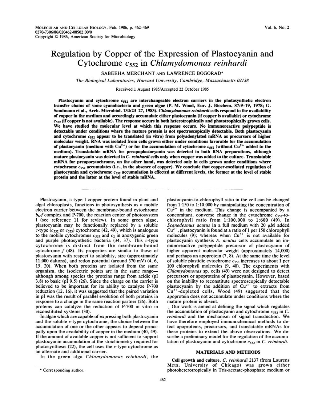 Cytochrome C552 in Chlamydomonas Reinhardi