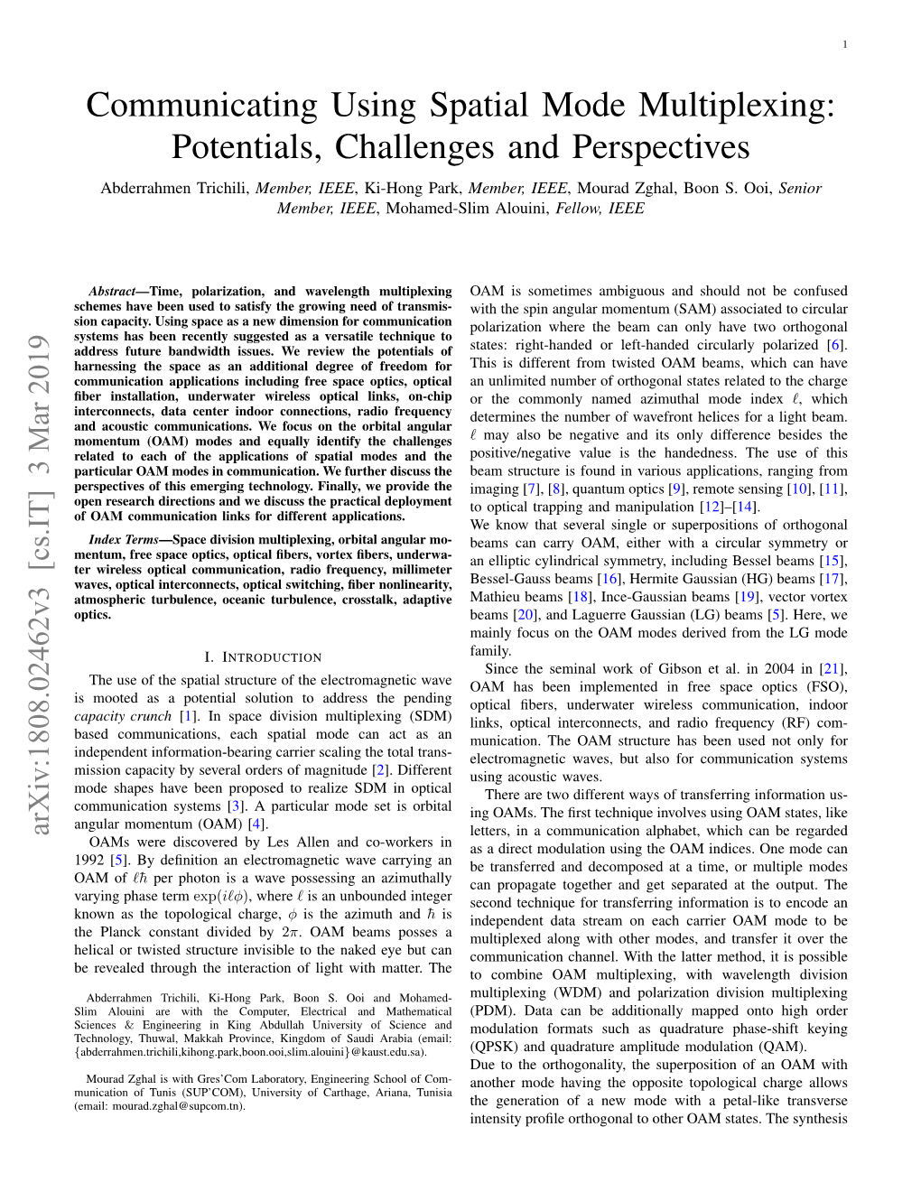 Communicating Using Spatial Mode Multiplexing: Potentials, Challenges